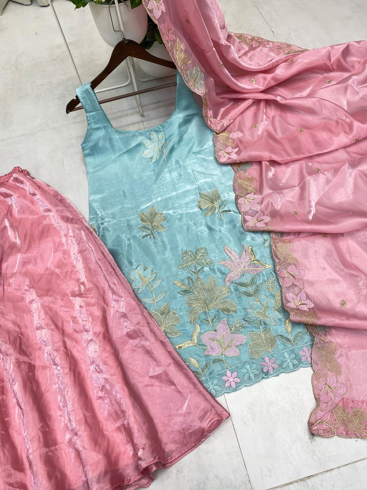 "π Luxe Jimmy Choo Fabric Set: Embroidered Top, Palazzo & Dupatta π"
