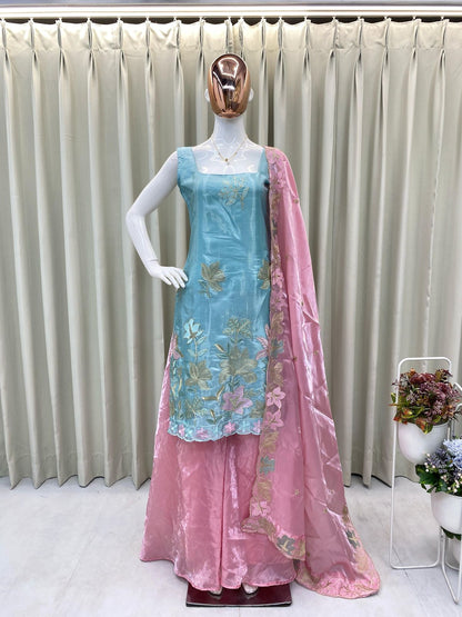 "🌟 Luxe Jimmy Choo Fabric Set: Embroidered Top, Palazzo & Dupatta 💃"